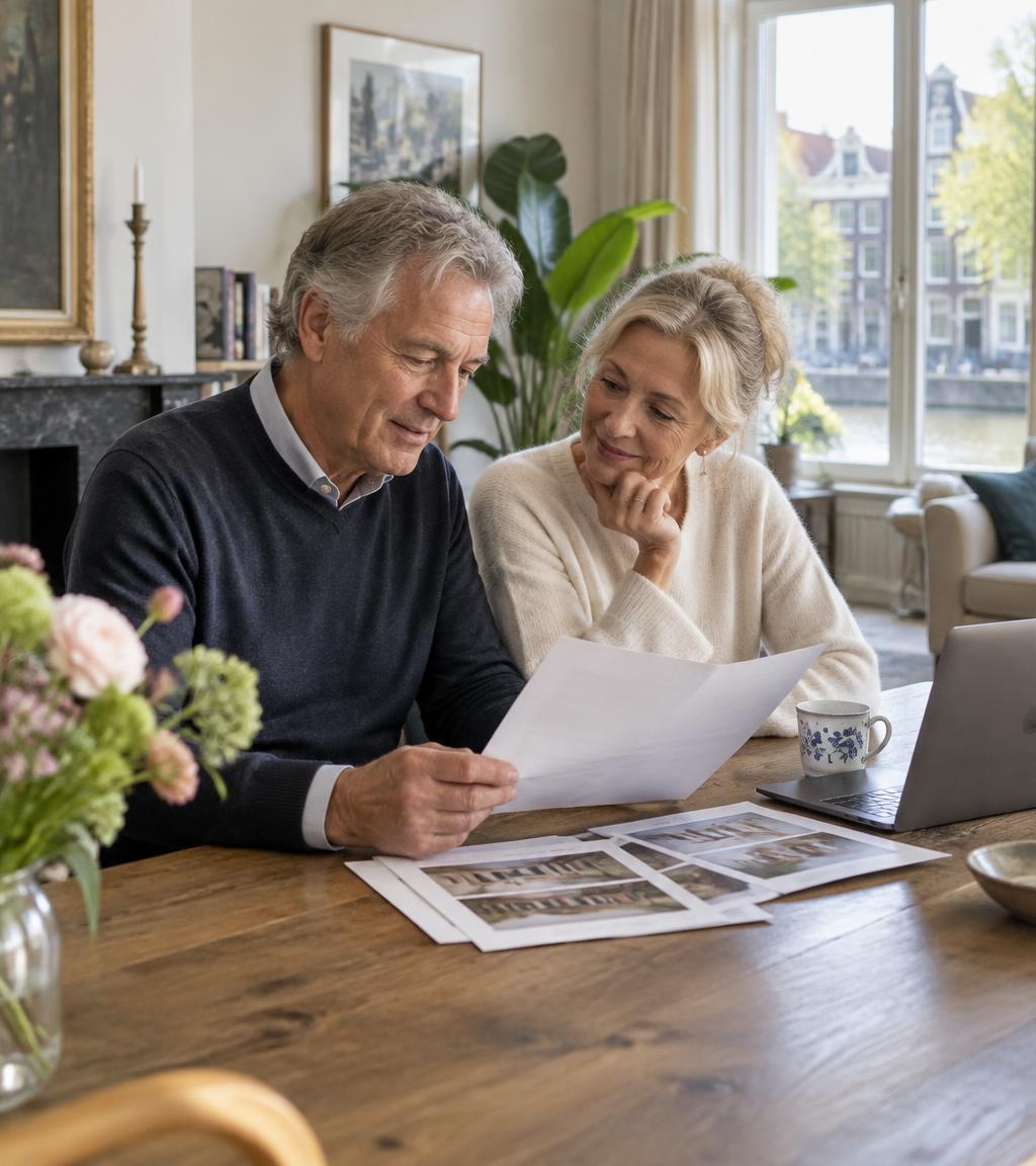 Een Nederlands stel van rond de 65 jaar overlegt rustig aan de eetkamertafel in hun appartement over hun volgende woning.