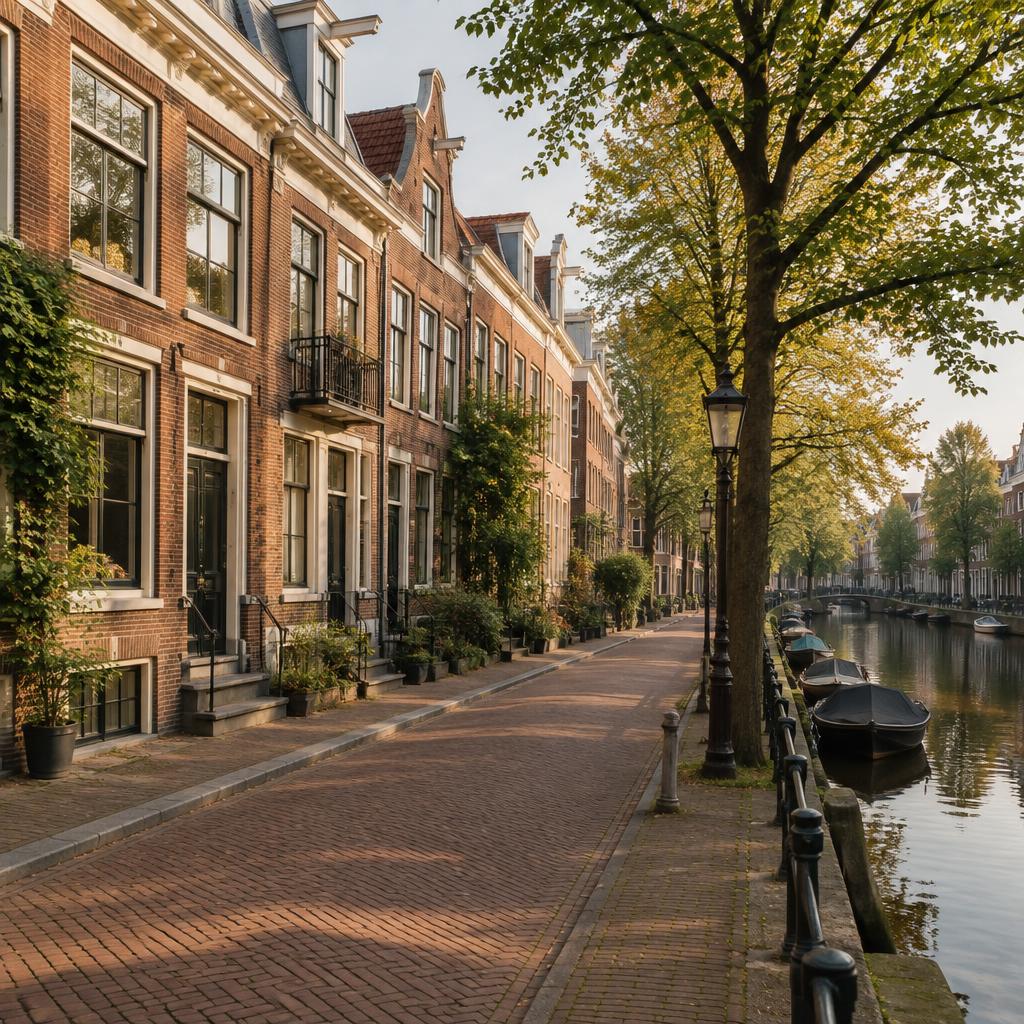 Een rustige Nederlandse woonstraat langs een gracht met klassieke bakstenen herenhuizen en bomen in zacht avondlicht.